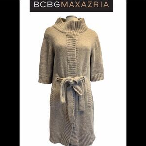Bcbgmaxazria angora beige tan brown sweater belted high neck button closure L